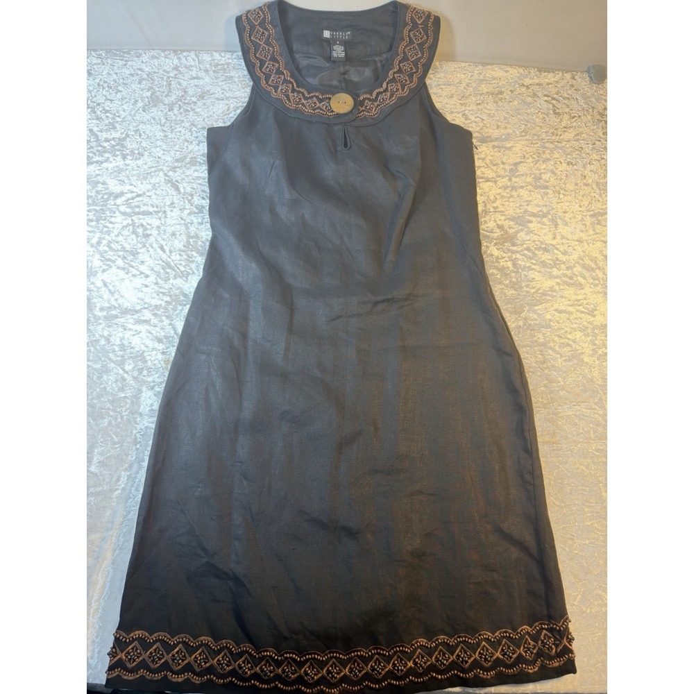 Carole Little Women's 6 Black Linen Dress Beaded Embroidered Boho Vintage Y2K